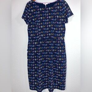 Boden Phoebe Cotton Dog Pattern Jersey Pocket Dress Navy Blue Size 12